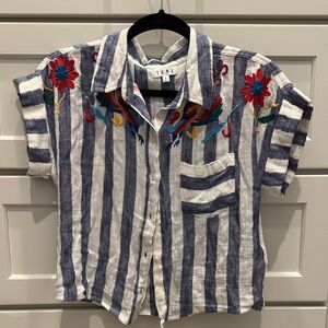 THML Navy and White Striped Blouse with Floral Embroidery